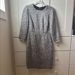 J. Crew White and Blue Tweed Dress 3/4 Sleeve Crew Neck